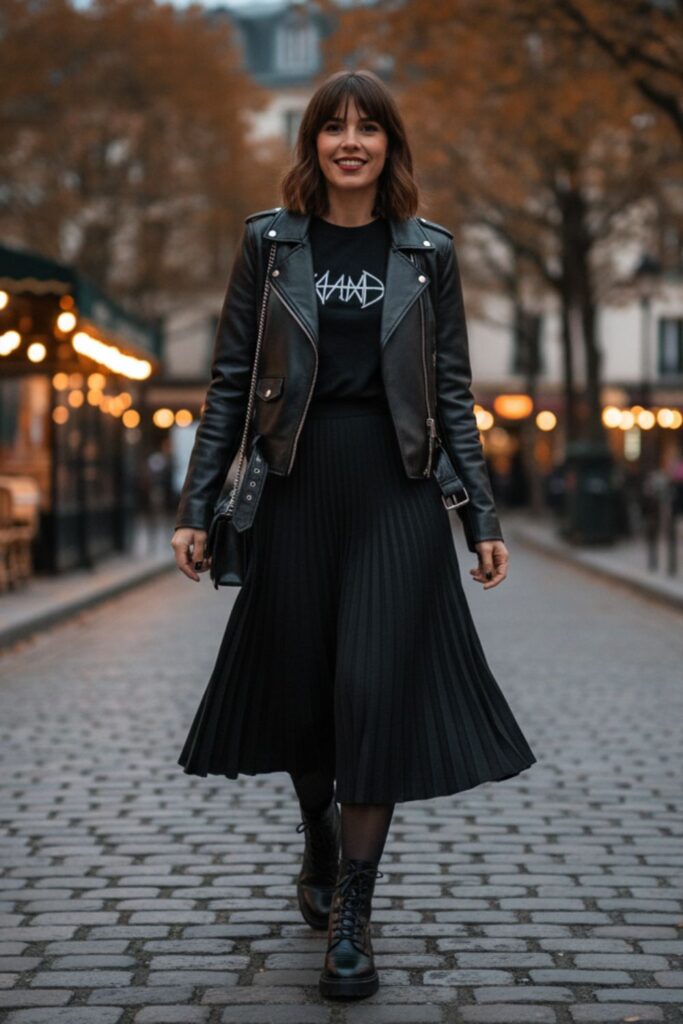 Black Pleated Skirt with Graphic Tee and Jacket