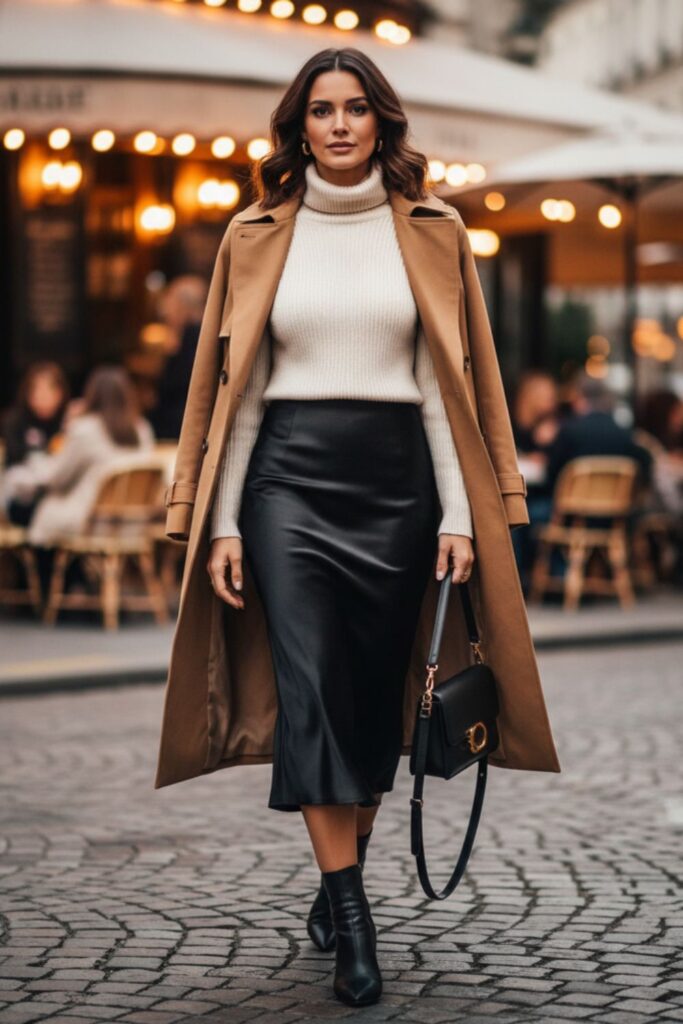 Black Satin Skirt with Knit Top