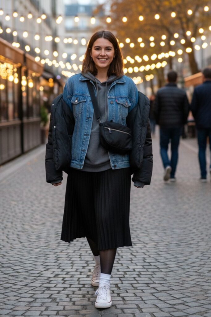 Black Skirt with Hoodie and Sneakers
