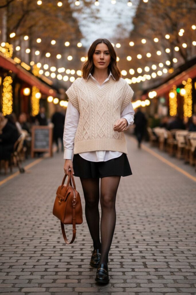 Black Skirt with Sweater Vest and Button-Down