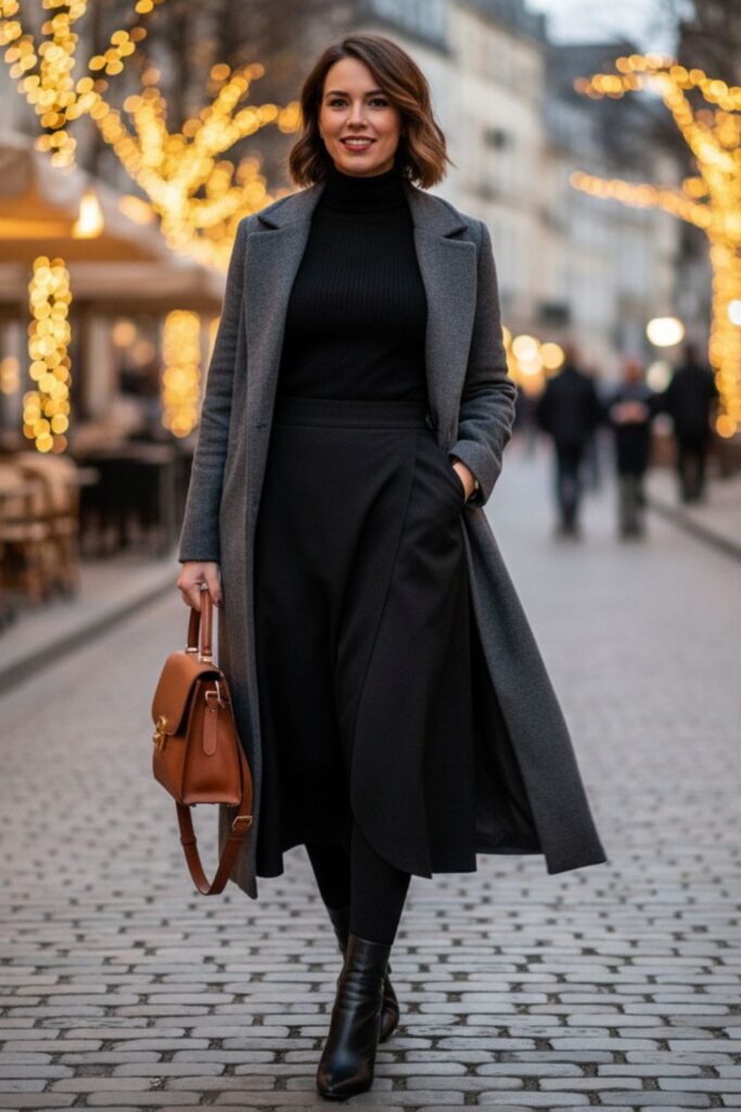 Black Wrap Skirt with Longline Coat