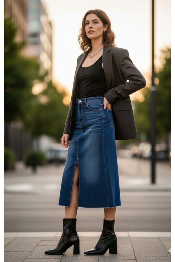 Blazer with Denim Midi Skirt