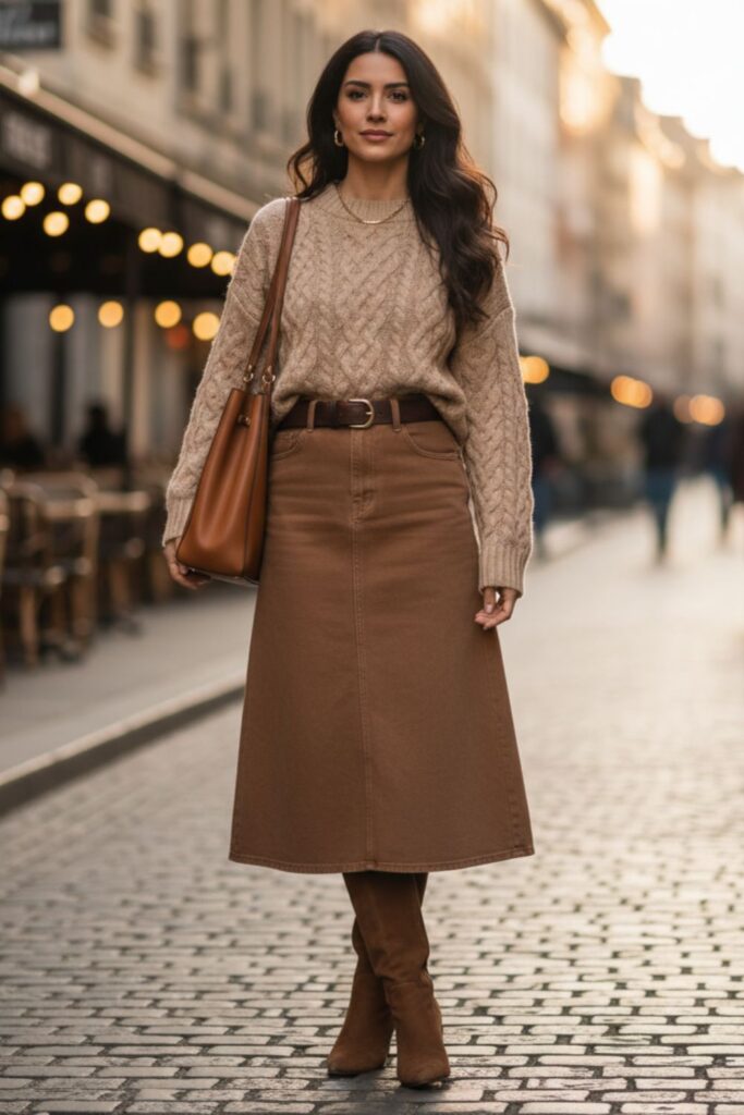 Brown Denim Skirt with a Beige Knit Sweater