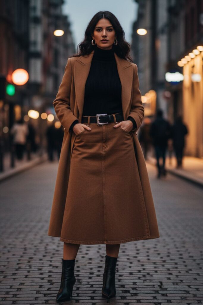 Brown Denim Skirt with a Black Turtleneck