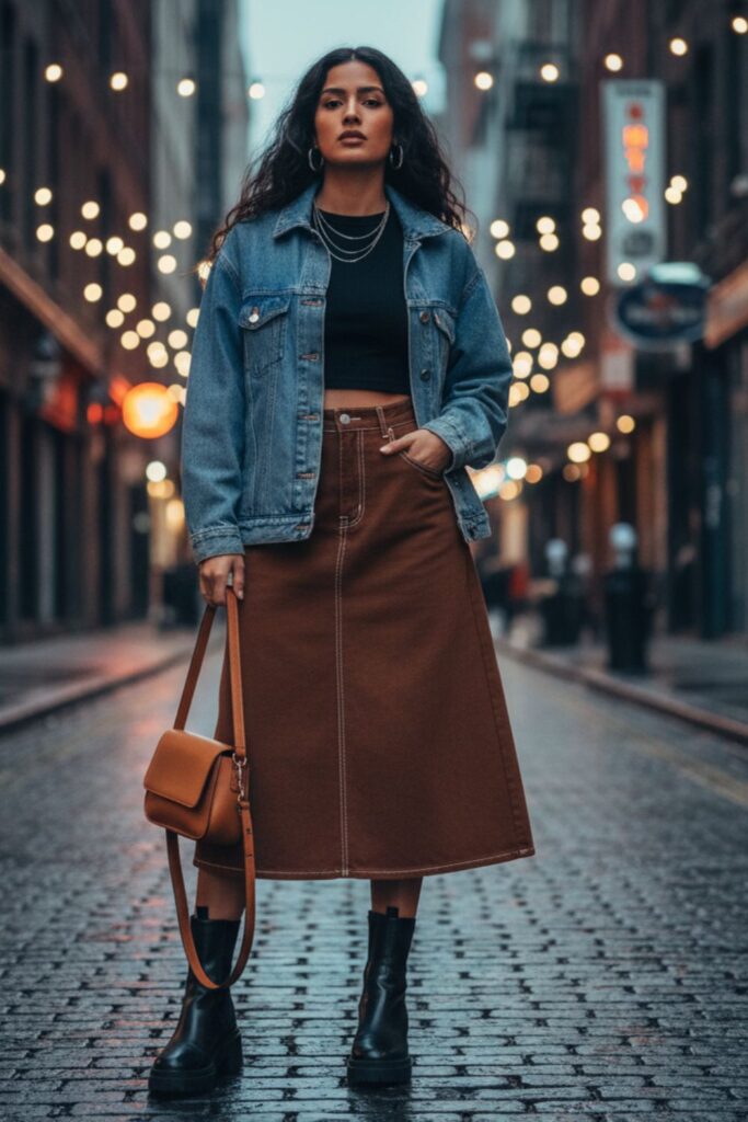 Brown Denim Skirt with a Denim Jacket
