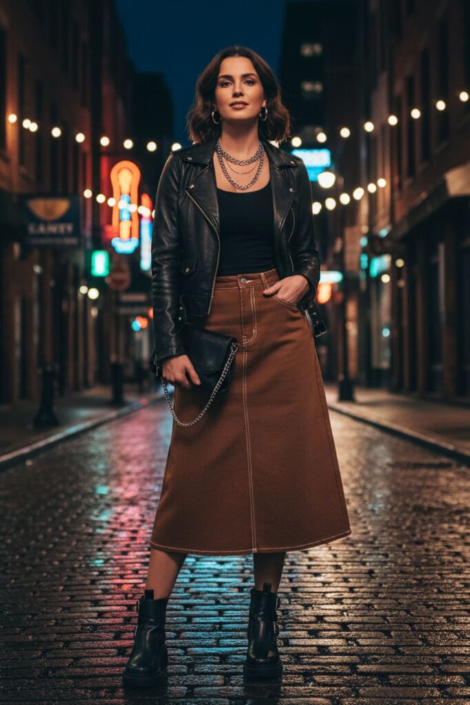 Brown Denim Skirt with a Leather Jacket