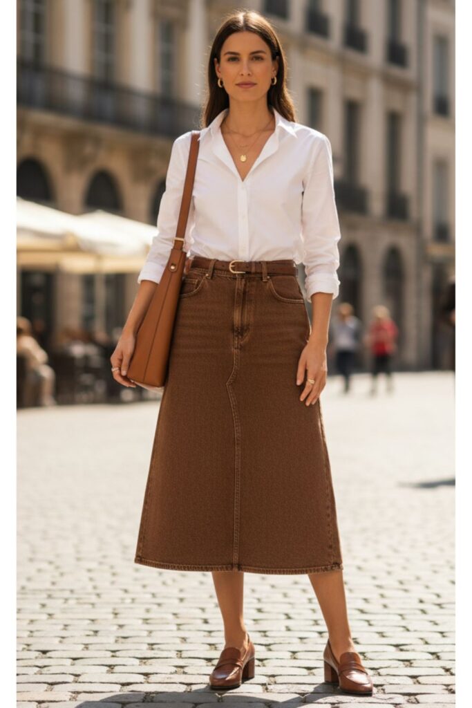 Brown Denim Skirt with a White Button-Down Shirt