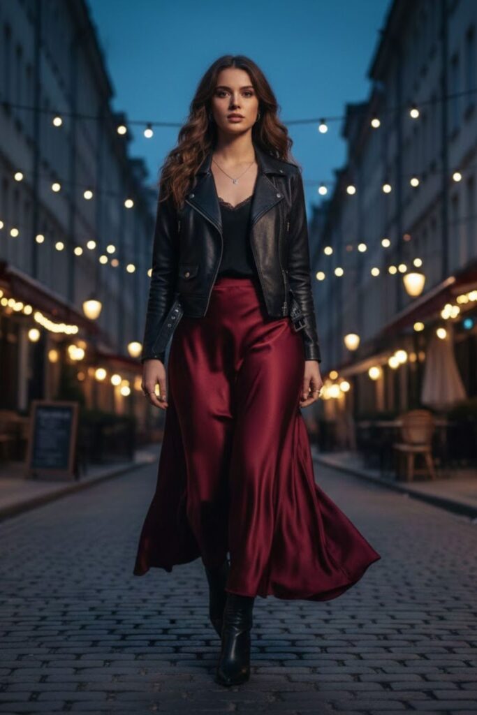 Burgundy Maxi Skirt with Leather Jacket