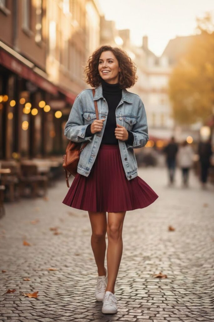 Burgundy Pleated Skirt with Denim Jacket