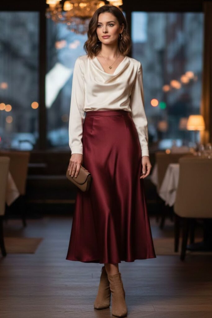 Burgundy Satin Skirt with Neutral Blouse