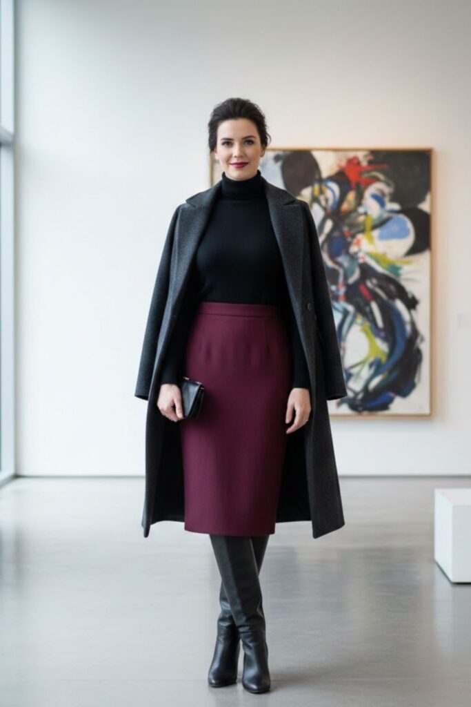 Burgundy Skirt with Black Turtleneck