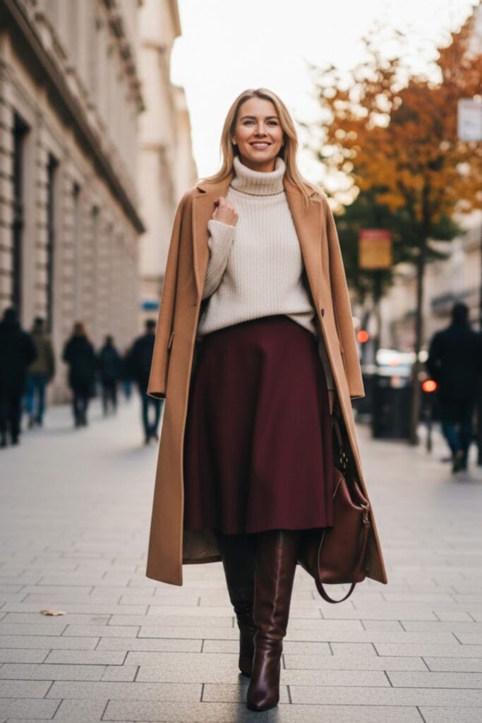 Burgundy Skirt with Camel Coat
