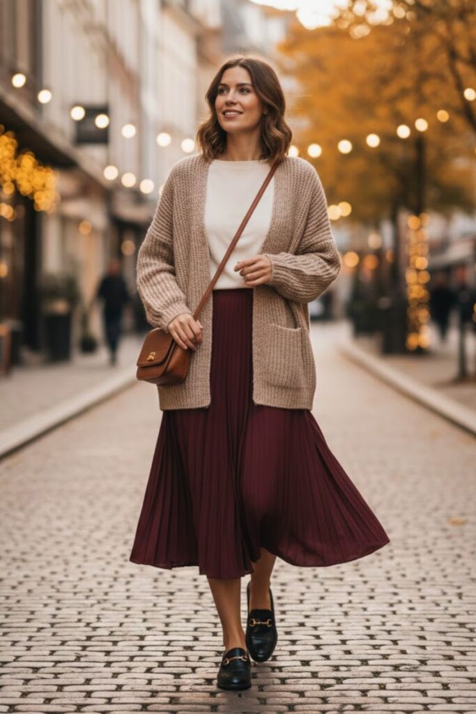 Burgundy Skirt with Knit Cardigan