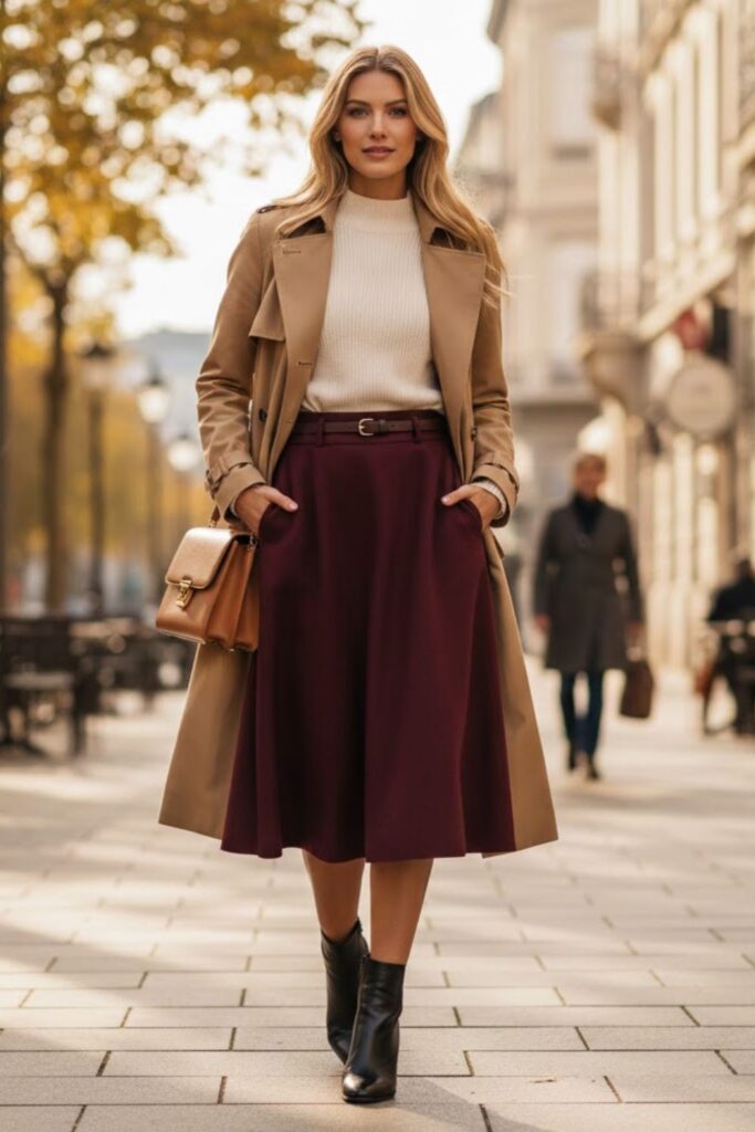 Burgundy Skirt with Neutral Layers