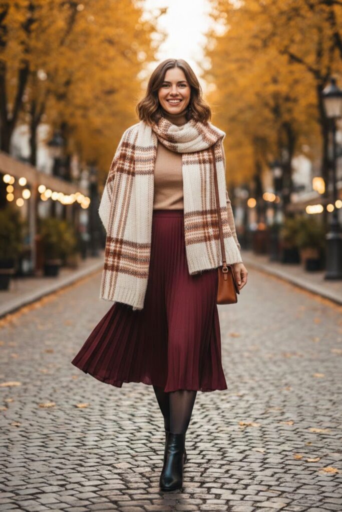 Burgundy Skirt with Oversized Scarf