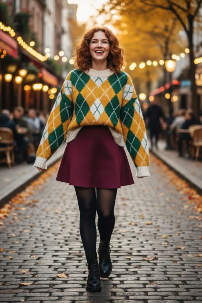 Burgundy Skirt with Patterned Sweater