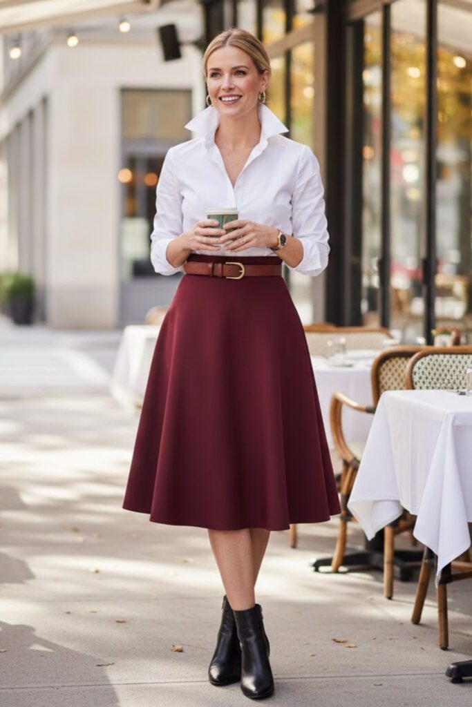 Burgundy Skirt with White Button-Up Shirt