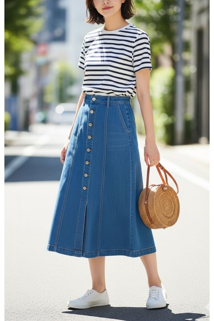 Button-Front Denim Midi Skirt with Striped Tee