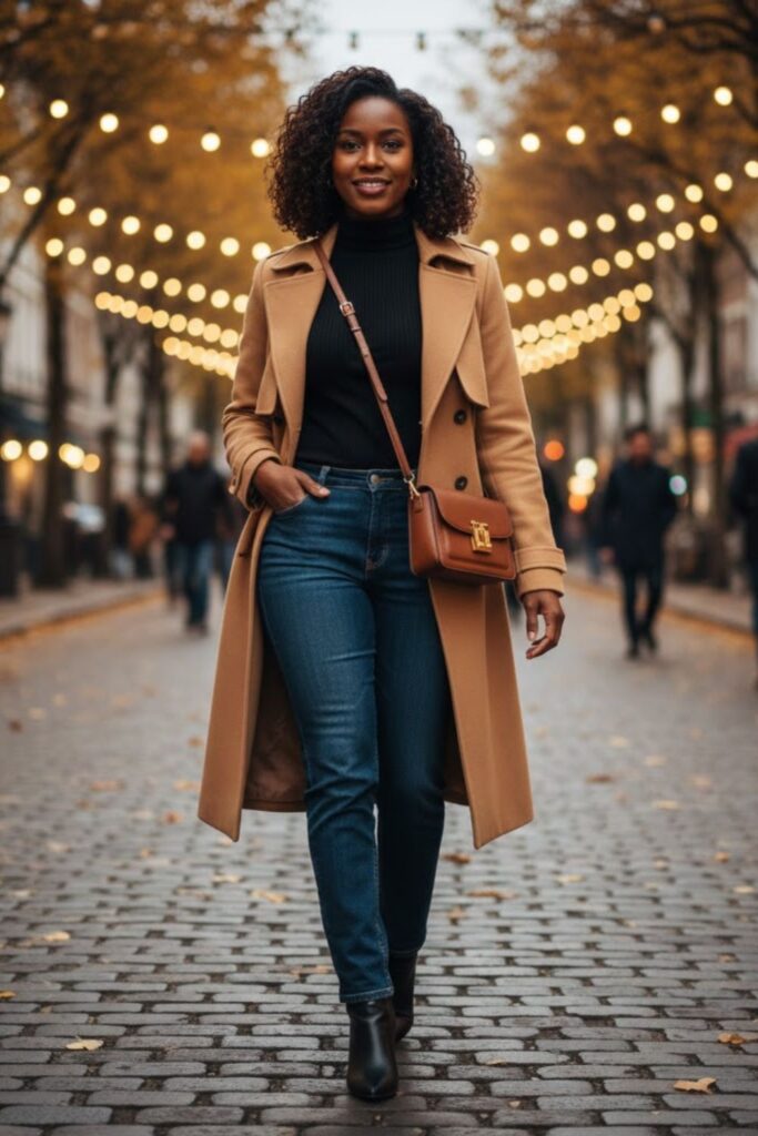 Camel Coat with Dark Denim