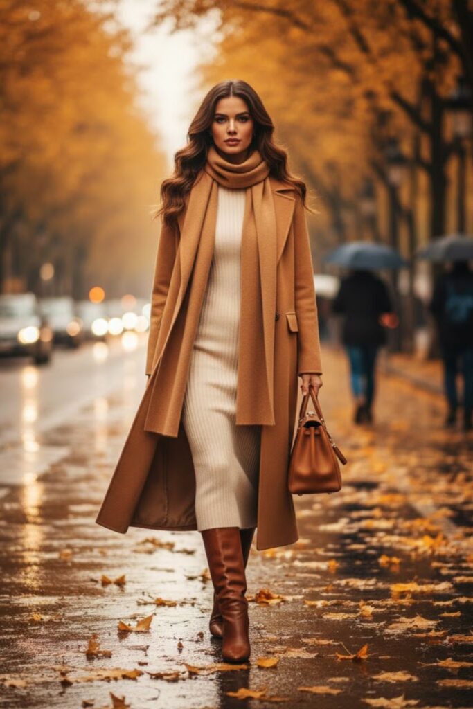 Camel Coat with Knit Dress