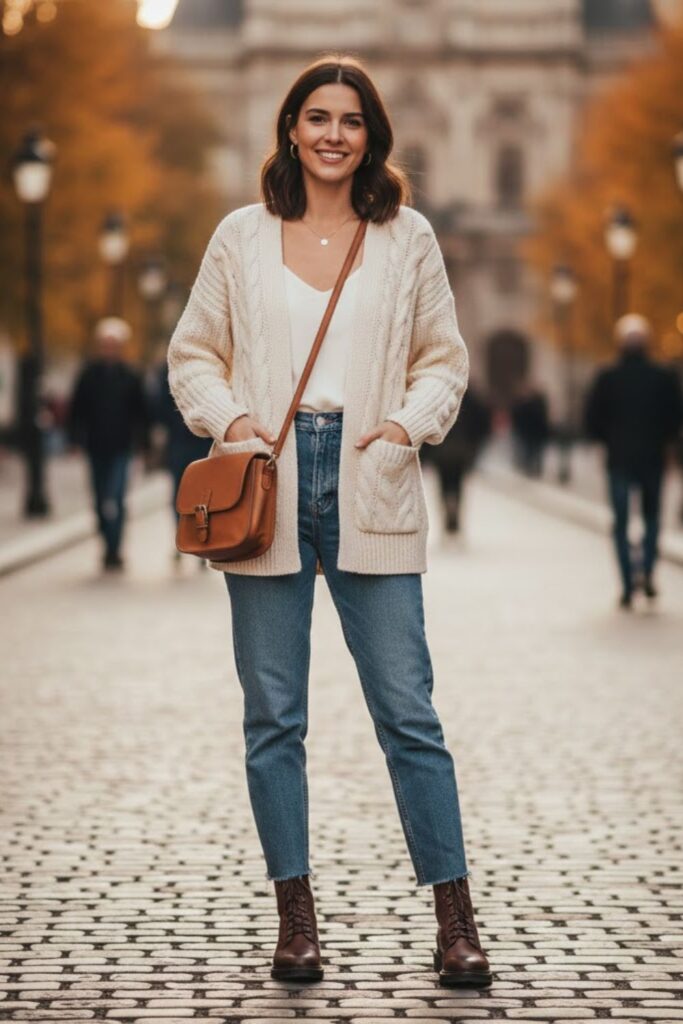 Chunky Cardigan with Straight-Leg Jeans