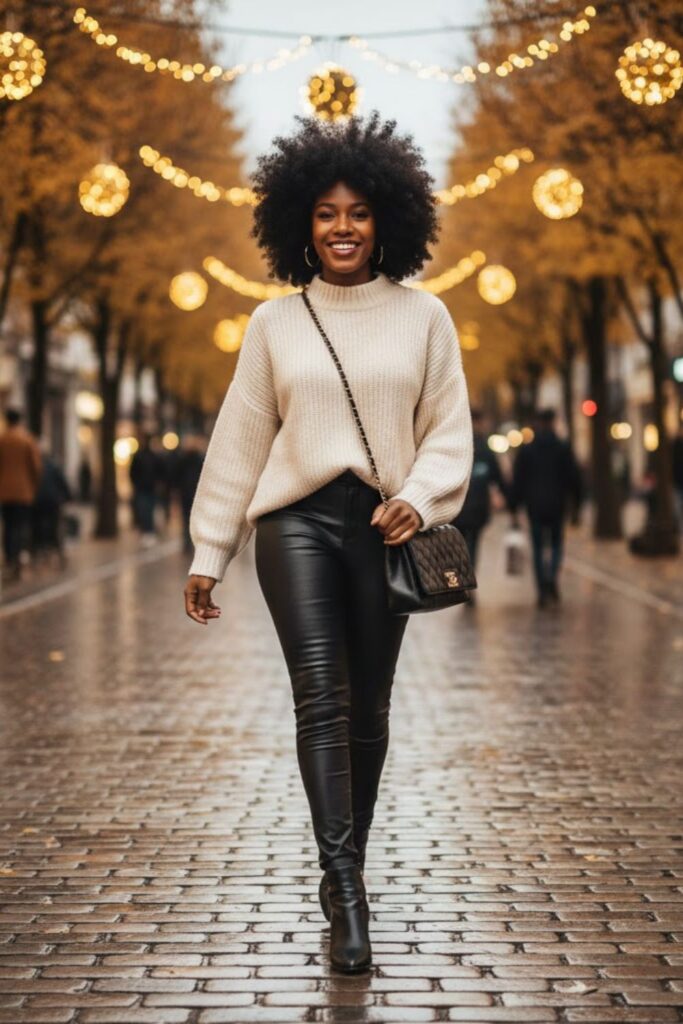 Chunky Sweater with Faux Leather Leggings