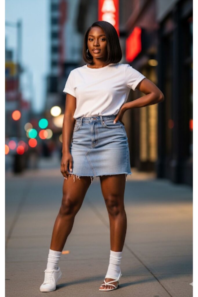 Classic Denim Mini Skirt with a White T-Shirt