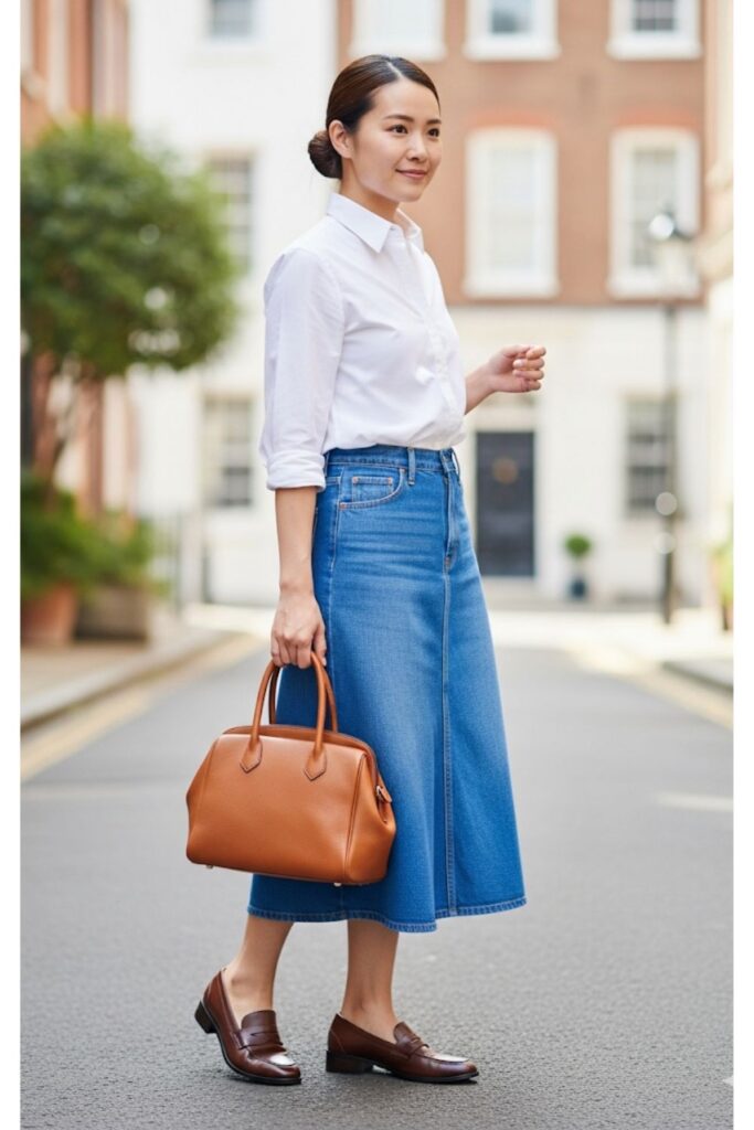 Classic White Shirt and Denim Midi Skirt