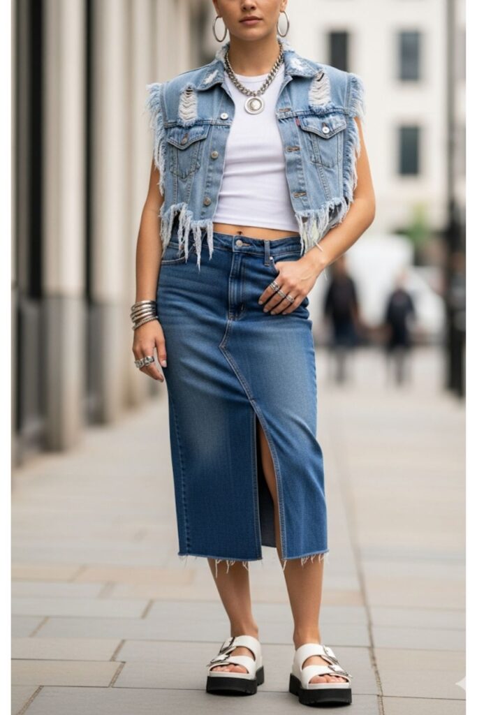 Cropped Denim Vest with Denim Midi Skirt