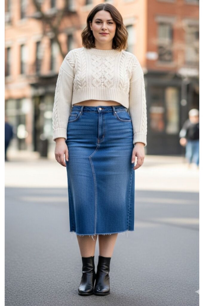 Cropped Sweater with High-Waisted Denim Midi