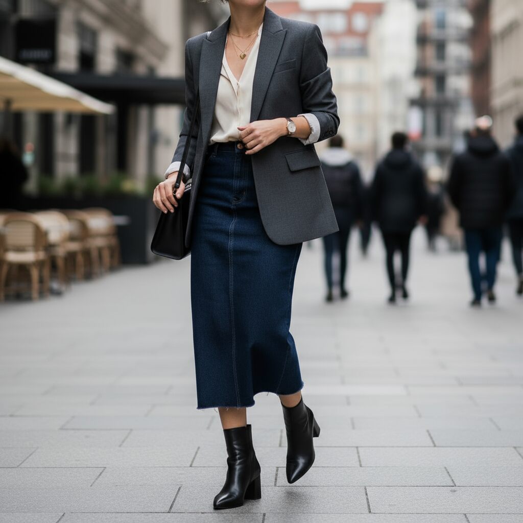 Dark Denim Skirt with a Blazer