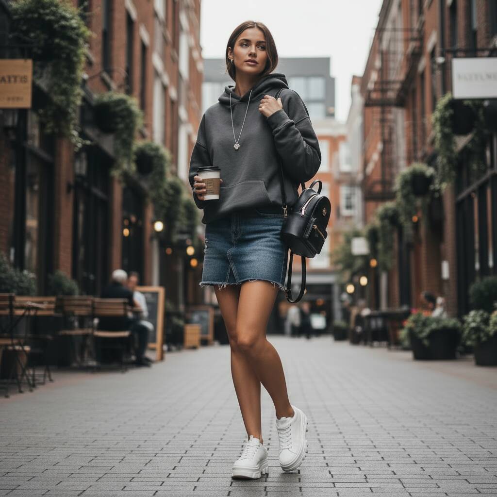Dark Denim Skirt with a Casual Hoodie