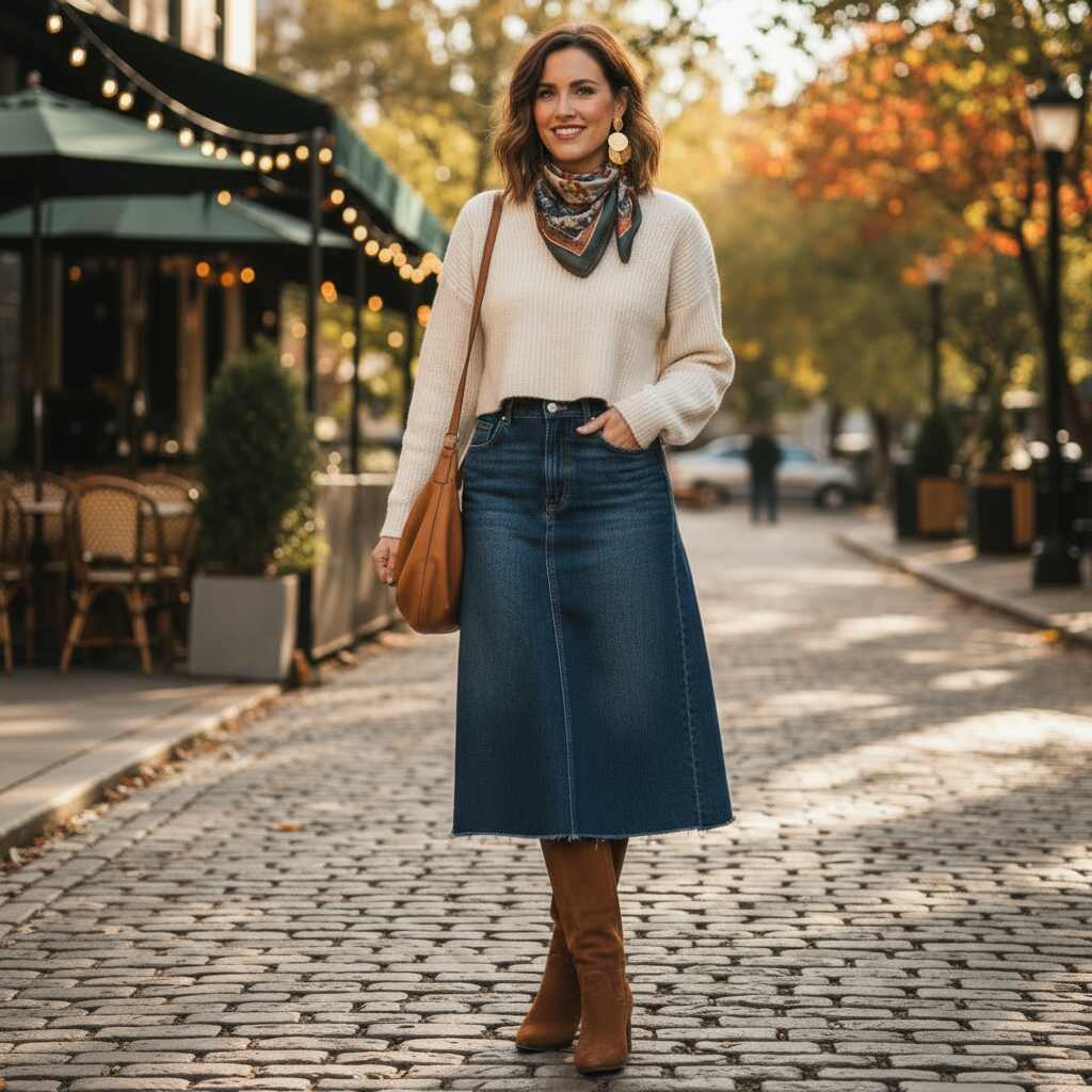 Dark Denim Skirt with a Cropped Sweater
