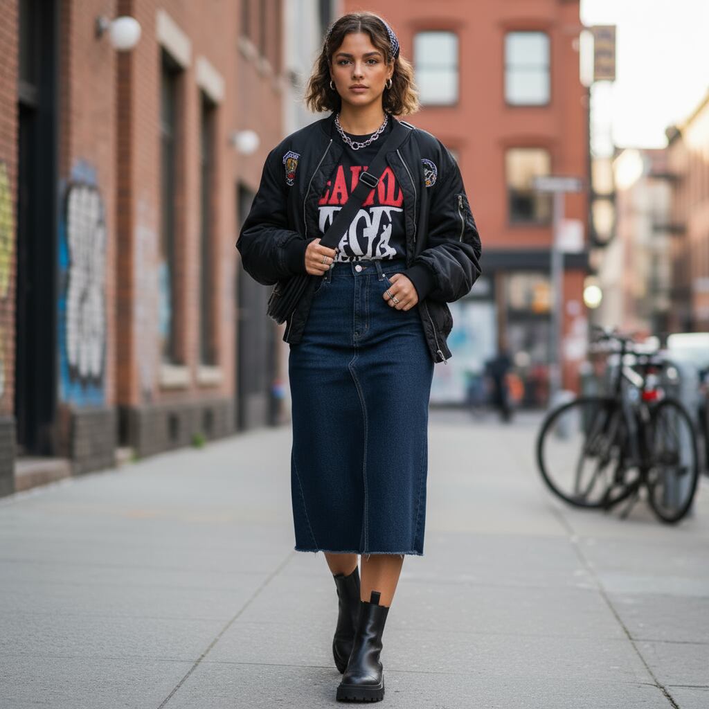 Dark Denim Skirt with a Graphic Tee