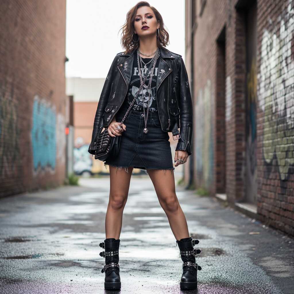 Dark Denim Skirt with a Leather Jacket