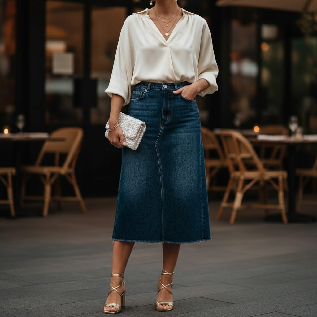 Dark Denim Skirt with a Silk Blouse