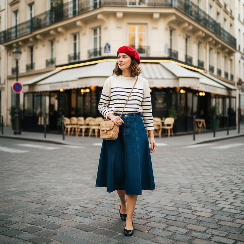 Dark Denim Skirt with a Striped Sweater