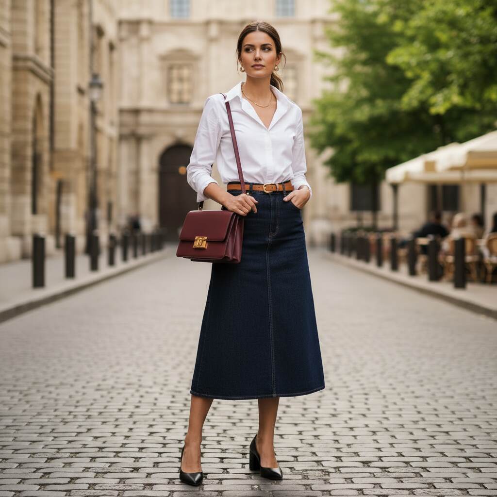 Dark Denim Skirt with a White Button-Down Shirt