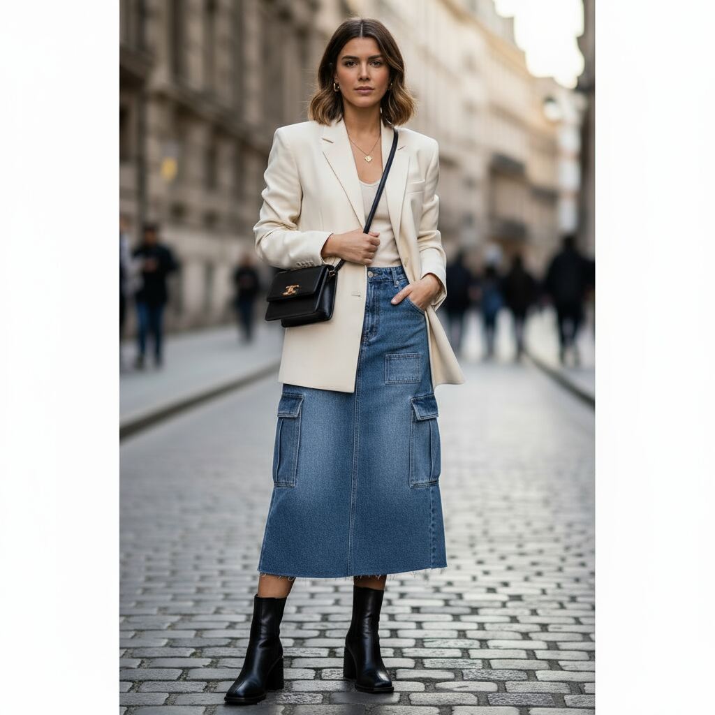Denim Cargo Skirt with a Blazer