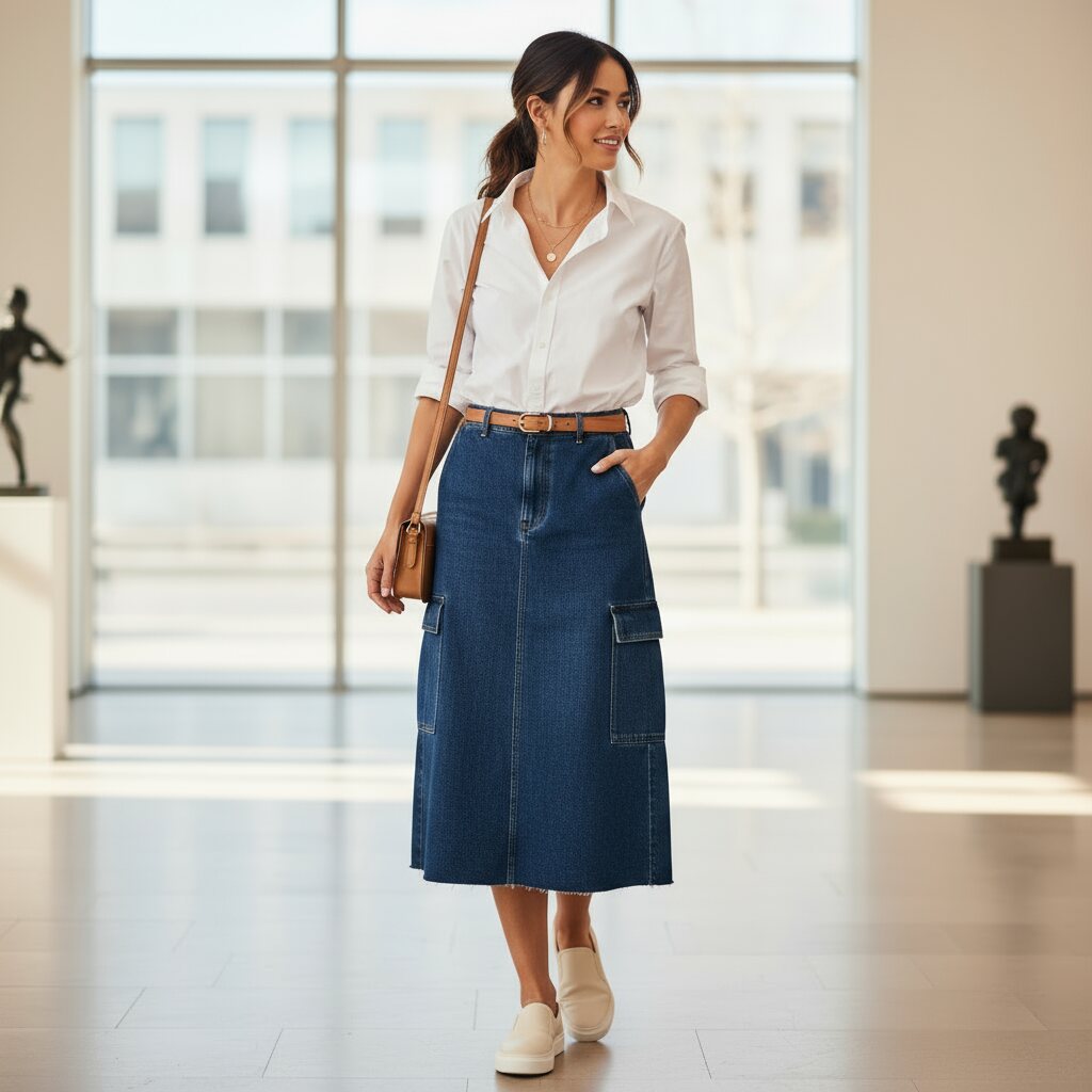 Denim Cargo Skirt with a Button-Up Shirt