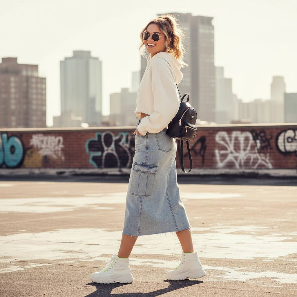 Denim Cargo Skirt with a Cropped Hoodie