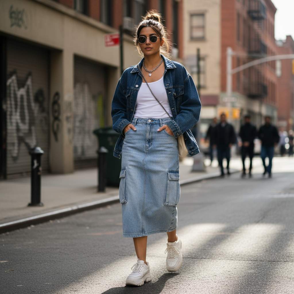 Denim Cargo Skirt with a Denim Jacket