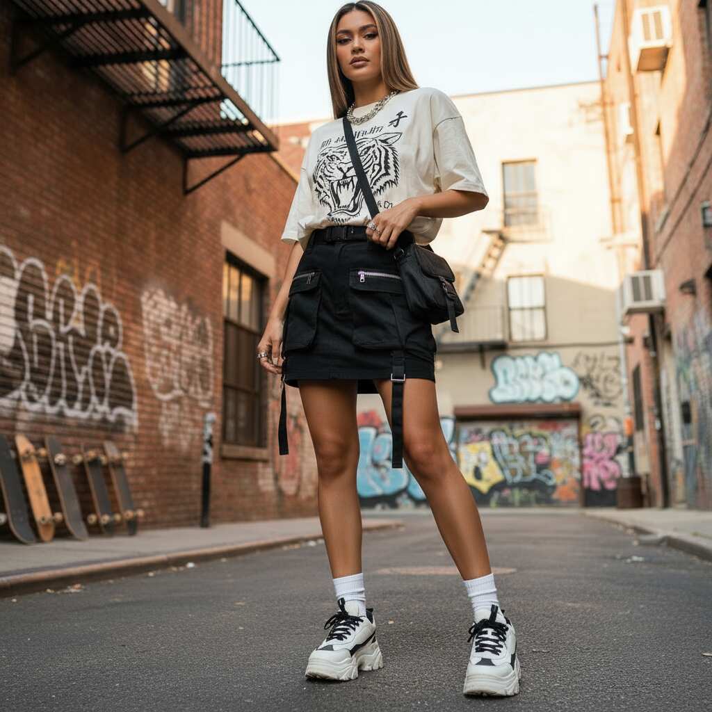 Denim Cargo Skirt with a Graphic Tee