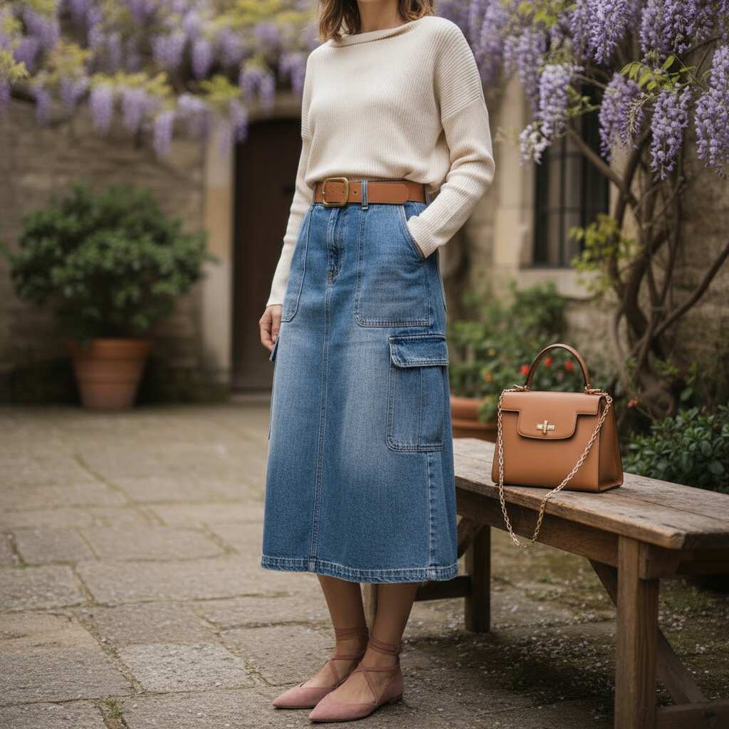 Denim Cargo Skirt with a Knit Top