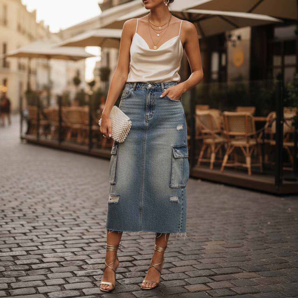 Denim Cargo Skirt with a Satin Cami