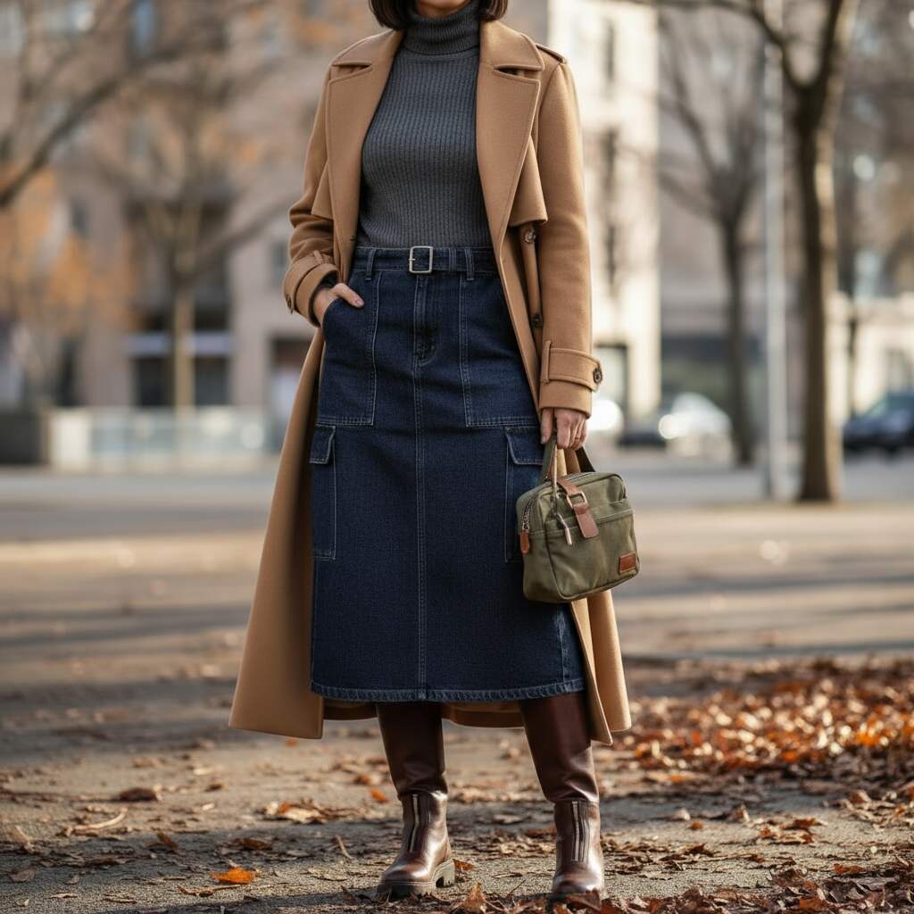 Denim Cargo Skirt with a Turtleneck