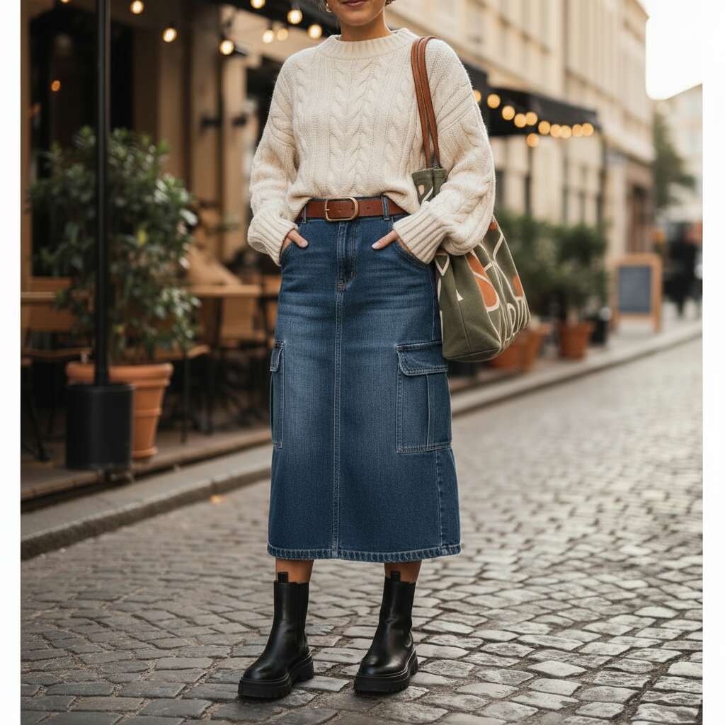 Denim Cargo Skirt with an Oversized Sweater