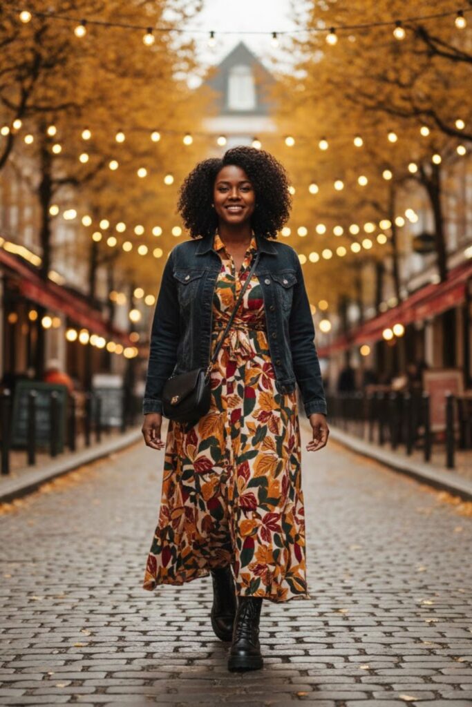 Denim Jacket with Printed Maxi Dress