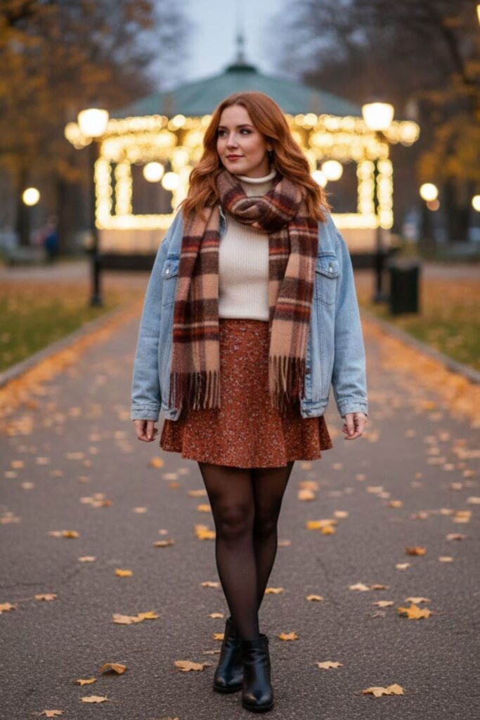 Denim Jacket with Sweater and Skirt