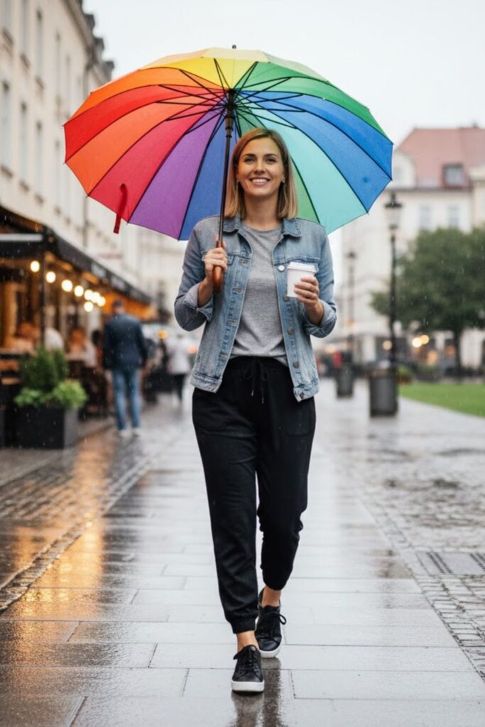 Denim Jacket with Umbrella and Sneakers